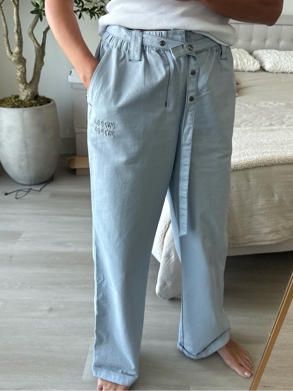 Miu Miu Light Blue Wide-Leg Jeans with Fabric Belt
